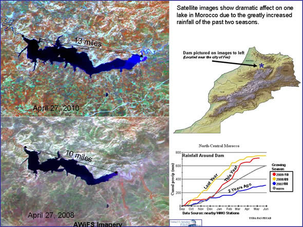 AWiFs satellite image shows a very full reservoir in northern Morocco due to two consecutive seasons with excptionally high rainfall amounts. 