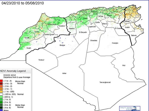 MODIS NDVI Departure from 5-year average map.  Morocco appears mostly green in the NDVI image, indicating good plant health and high density.