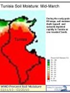 Tunisia Soil Moisture Map from Mid-March 2010. Shows poor soil moisture in the central and southern agricultural region.