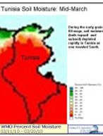 Tunisia Soil Moisture Map from Mid-March 2010. Shows poor soil moisture in the central and southern agricultural region.