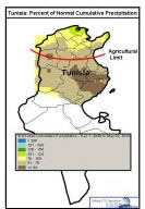Percent of Normal Cumulative Precipitation in Tunisia Map.  Shows the Dry Central and Southern Agricultural Region