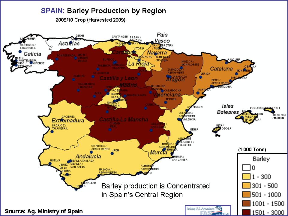 Spain: Barley Production by Region (in 1,000 Tons).
