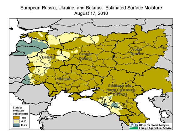 As of August 17, estimated surface-soil moisture was less than 5 millimeters in almost every region of Russia's winter-grain zone.  Winter grains need very little moisture to germinate, as little as 2 millimetes by some estimates, but need an additional 15 millimeters within the next two weeks in order to become successfully established.