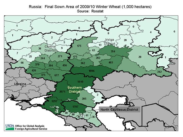 Russia's top four winter-wheat oblasts (territories) are located in the Southern and North Caucasus Districts. 