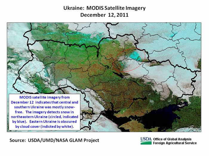 MODIS satellite imagery from December 12  indicates that central and southern Ukraine was mostly snow-free.   The imagery detects snow in northeastern Ukraine.   Eastern Ukraine is obscured by cloud cover.