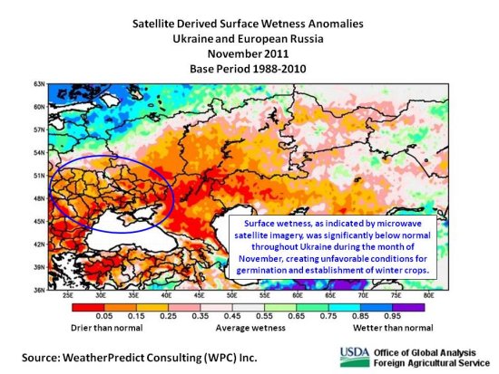 Surface wetness, as indicated by microwave satellite imagery, was significantly below normal throughout Ukraine during the month of November, creating unfavorable conditions for germination and establishment of winter crops.