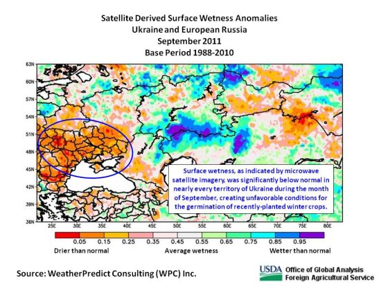 Surface wetness, as indicated by microwave satellite imagery, was significantly below normal in nearly every territory of Ukraine during the month of September, creating unfavorable conditions for the germination of recently-planted winter crops.