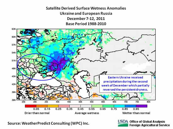 Eastern Ukraine received precipitation during the second week of December which partially reversed the persistent dryness.