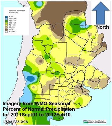 Argentina - Imagery from WMO Weasonal Percent of Normal Precipitation for September 1 through February 10 2011