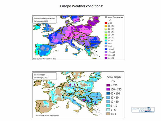 Maps showing severe cold and snow cover over Europe on February 6.