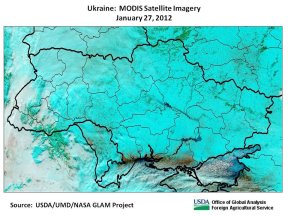 MODIS satellite imagery from January 27 indicates snow cover throughout Ukraine except for the in the extreme south, along the coast of the Black Sea.