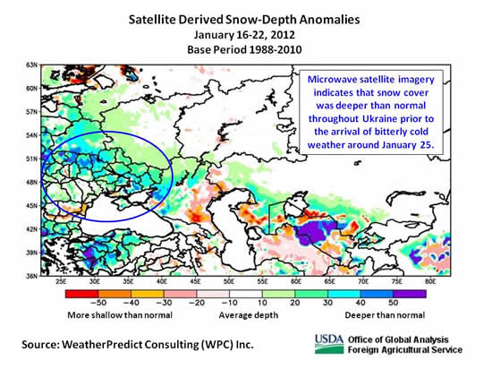 Microwave satellite imagery indicates that snow cover was deeper than normal throughout Ukraine prior to the arrival of bitterly cold weather around January 25.
