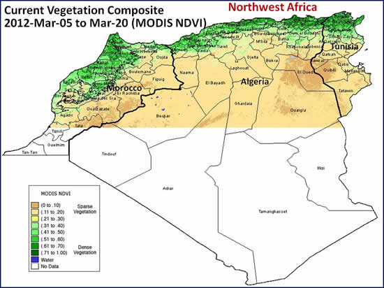 Northwest Africa: Current Vegetation Composite 2012-Mar-05 to Mar-20 (MODIS NDVI) 