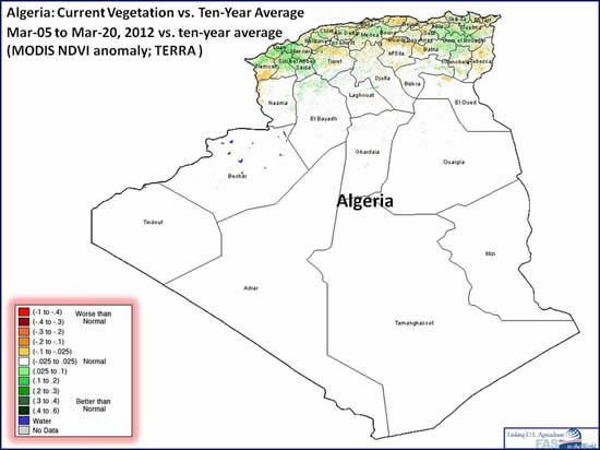 Algeria: Current Vegetation vs. Ten-Year Average Mar-05 to Mar-20, 2012 vs. ten-year average (MODIS NDVI anomaly; TERRA ) depicts fair conditions