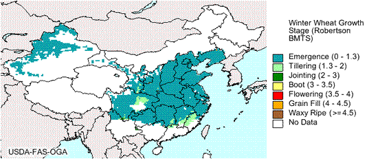 China winter wheat crop calendar map - March 20