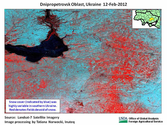 Landsat satellite imagery indicates that snow cover  was highly variable in southern Ukraine.  