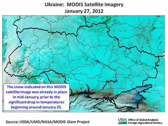 The snow indicated on this MODIS satellite image was already in place in mid-January, prior to the significant drop in temperatures beginning around January 25.