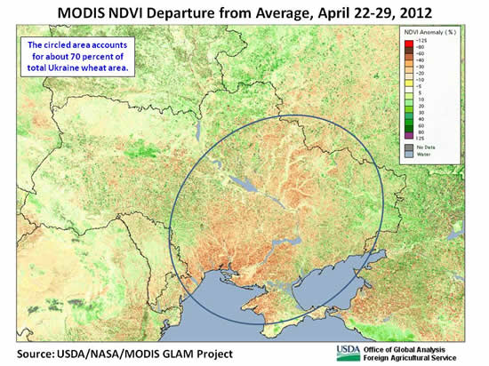 Vegetative indices indicated generally poor winter-crop conditions at the end of April in the heart of Ukraine's prime wheat area. 