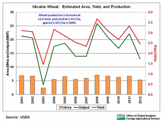 Wheat production is forecast at 13.0 mmt, and yield at 2.45 t/ha, against 2.53 t/ha in 2006.