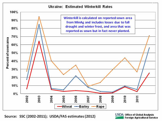 Winterkill rates are typically much higher for winter rape than for barley or wheat.
