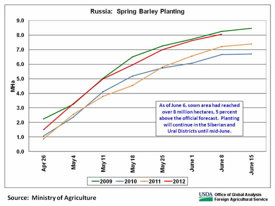 As of June 6, sown area had reached over 8 million hectares, 5 percent above the official forecast.  Planting will continue in the Siberian and Ural Districts until mid-June.