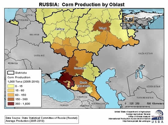 Southern Russia is the country's prime corn-production region.