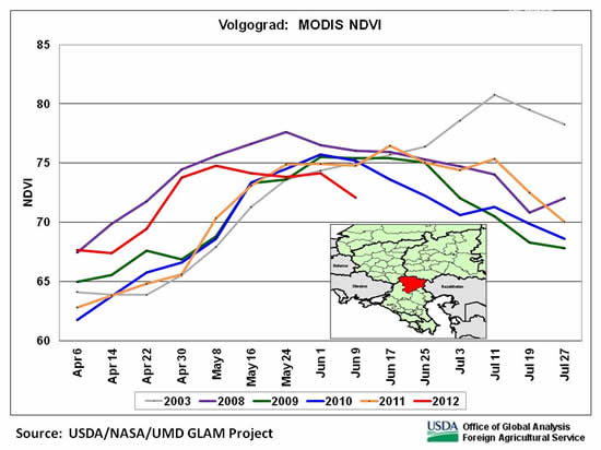 NDVI for Volgograd oblast indicate steady and significant deterioration in winter-crop conditions beginning in early May.