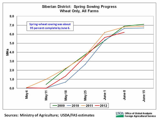As of June 6, spring-wheat sowing in Siberia, Russia's top spring-wheat district, was approximately 95 percent complete.  Planted area to date is about 6.2 million hectares, 0.6 million below last year. 