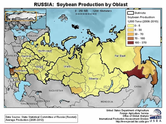 Most Russian soybeans are grown in the Far East District.