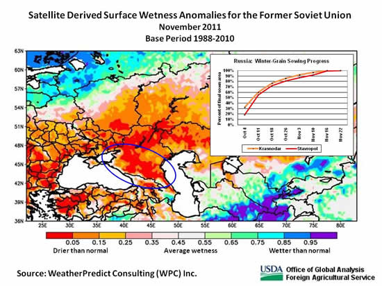 Surface moisture was below normal in Krasnodar and Stavropol for 8 of the 10 weeks between September 20 and November 29, throughout the time of winter-grain planting, emergence, and establishment.