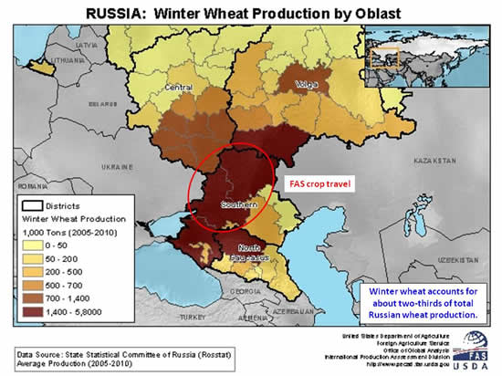 Virtually all of Russia's winter wheat is grown in European Russia.  