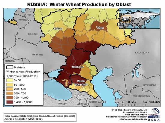 Nearly all of Russia's winter wheat is grown in European Russia.