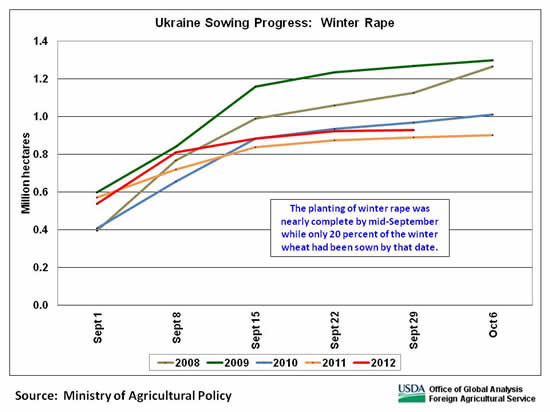 The planting of winter rape was nearly complete by mid-September while only 20 percent of the winter wheat had been sown by that date. 