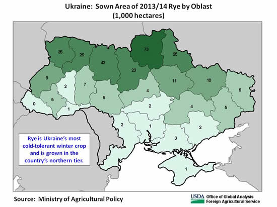 Rye is Ukraine’s most cold-tolerant winter crop and is grown in the country’s northern tier.  