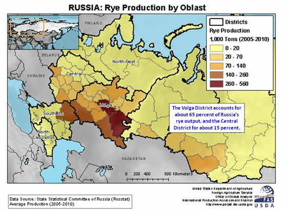The Volga District accounts for about 65 percent of Russia’s rye output, and the Central District for about 15 percent.