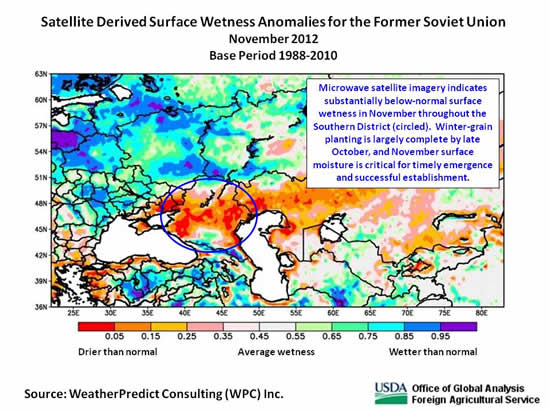 Microwave satellite imagery indicates substantially below-normal surface wetness in November throughout the Southern District.  Winter-grain planting is largely complete by late October, and November surface moisture is critical for timely emergence and successful establishment.