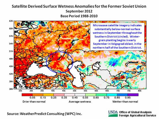 Microwave satellite imagery indicates substantially below-normal surface wetness in September throughout the Southern District.  Winter-grain planting begins in early September in Volgograd oblast, in the northern half of the Southern District.