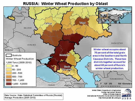 Winter wheat occupies about 70 percent of the total grain area in the Southern and North Caucasus Districts.  These two districts together account for about 60 percent of Russia’s winter wheat production.