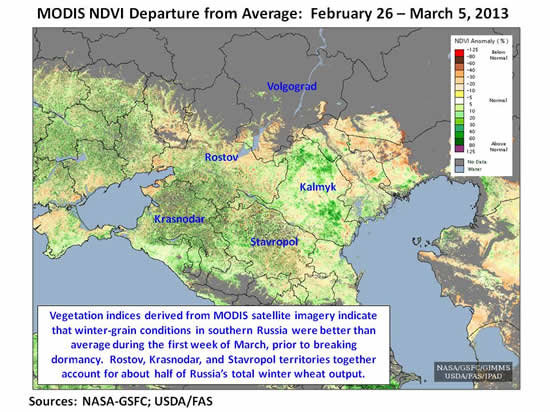 Vegetation indices derived from MODIS satellite imagery indicate that winter-grain conditions in southern Russia were better than average during the first week of March, prior to breaking dormancy.  