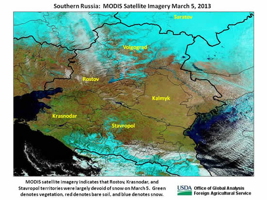 MODIS satellite imagery indicates that Rostov, Krasnodar, and Stavropol territories were largely devoid of snow on March 5.  