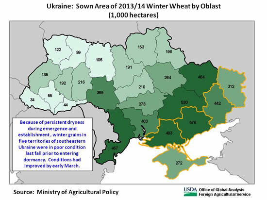 Winter wheat is grown throughout Ukraine, but the eastern half of the country produces most of the wheat.