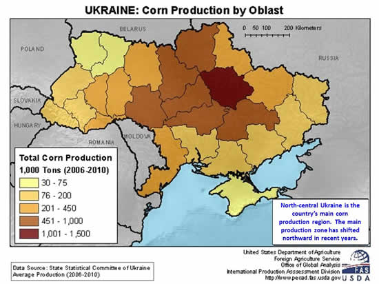 North-central Ukraine is the country’s main corn production region.  The main production zone has shifted northward in recent years.