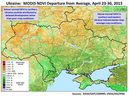 Above-normal NDVI in southern and eastern Ukraine indicate better-than-average crop conditions.