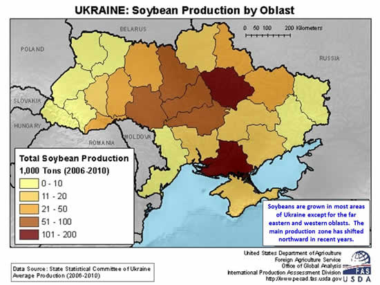 Soybeans are grown in most areas of Ukraine except for the far eastern and western oblasts.  The main production zone has shifted northward in recent years.