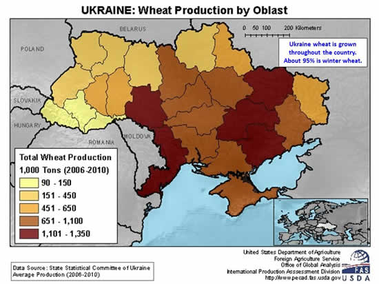 Ukraine wheat is grown throughout the country.  About 95% is winter wheat.