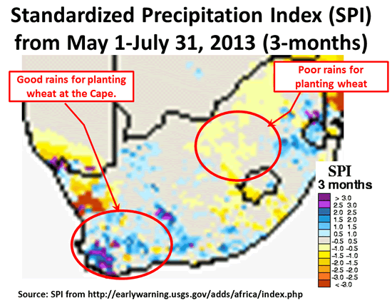 Figure 2. Planting conditions and crop conditions in Western Cape were favorable as indicated by the 3-month Standardized Precipitation Index (SPI).