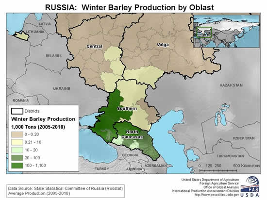 Russia's winter barley is grown almost exclusively in southern Russia.
