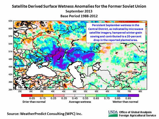 Persistent September wetness in the Central District, as indicated by microwave satellite imagery, hampered winter-grain sowing and contributed to a 20-percent drop in the reported planted area.