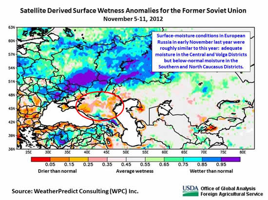 Surface-moisture conditions in European Russia in early November last year were roughly similar to this year:  adequate moisture in the Central and Volga Districts but below-normal moisture in the Southern and North Caucasus Districts. 