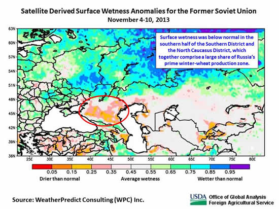 Surface wetness was below normal in the southern half of the Southern District and the North Caucasus District, which together comprise a large share of Russia’s prime winter-wheat production zone.